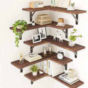 Fixwal Corner Floating Shelves, Rustic Wood Wall Shelves for Bathroom, Kitchen, Bedroom or Living Room (Dark Carbonized Black)