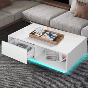 HOMMPA LED Coffee Table Modern Coffee Table White Side Tables High Gloss Center Table Cocktail Table with 2 Drawers Open Shelf for Living Room