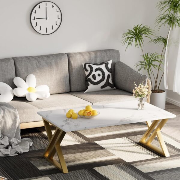 Coffee Table Living Room Table White Center Table, Simple Modern Faux Marble Rectangular Tea Table with Sturdy Gold-Finished Metal Frame,Industrial Wooden Coffee Table for Bedroom Home Office - Image 4