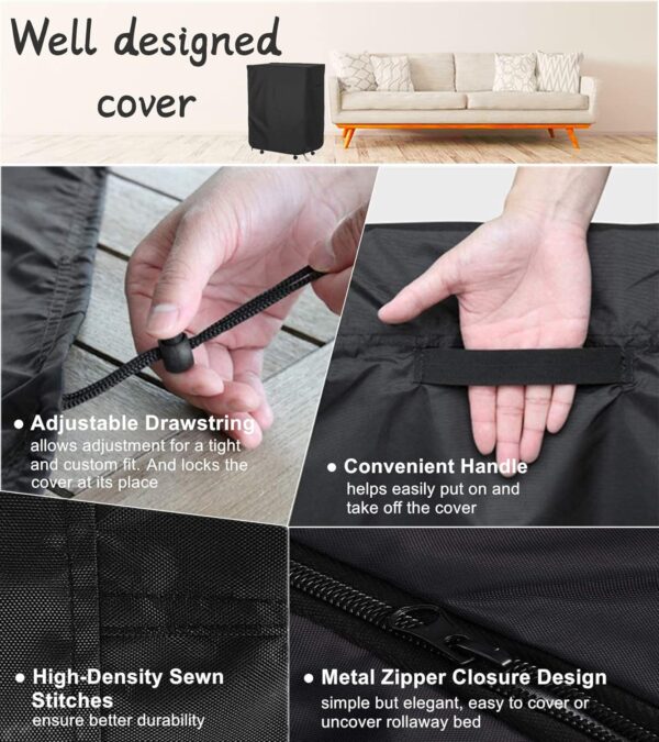 Folding Bed Storage Cover, Falezern 38 in Adjustable Rollaway Bed Cover, Waterproof and Dustproof, with Zipper and Elastic Drawstring, Thickened Storage Cover for Folding Cot Bed, Fold Up Bed - Image 6