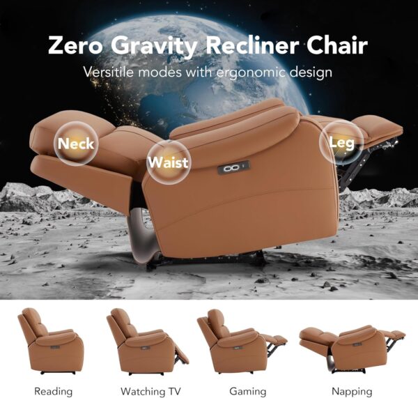 CHITA Power Zero Gravity Recliner Chair, Genuine Leather Recliner Chair for Adults, Adjustable Reclining Sofa Lounge with Hidden Slide-Out Cupholders, USB and Type-C Ports, Saddle - Image 4