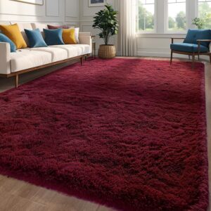 Burgundy Red Area Rug 6x9 Large Rugs for Living Room Bedroom, Fluffy Soft Rug Modern Carpets for Kids Room, Non-Skid Rectangular Indoor Rug for Girls Boys Playroom Nursery Room Home Decor