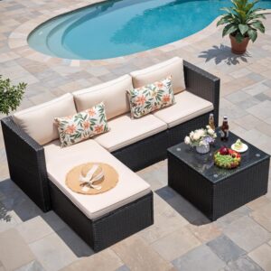 Greesum 3 Piece Patio Furniture Set Outdoor Wicker Rattan Sectional Sofa with Adjustable Seat, Soft Cushions & Coffee Table for Yard, Garden, Porch, Poolside, Beige