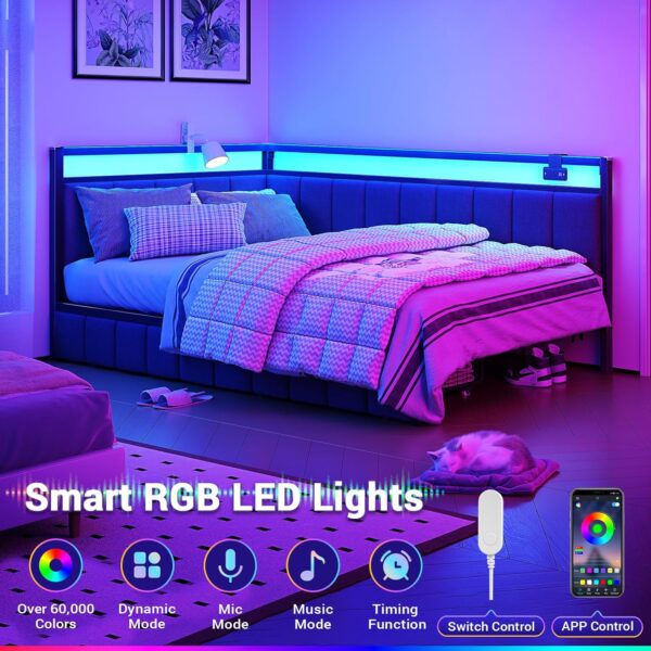 Hasuit Corner Bed Frame Twin Size with LED Light and Charging Station, Line Fabric Upholstered Twin Bed with 2 Underbed Storage Drawers, Modern Daybed No Box Spring Needed/Noise-Free, Gray - Image 3