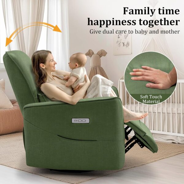 Swivel Recliner Chair, Glider Rocking Chair Nursery, Electric Rocking Recliner Chair of Fabric, Power Rocker Recliner Chair with Side Pockets and Type-C & USB Ports for Living Room - Image 3