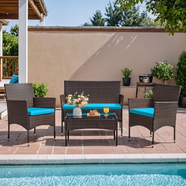 Homall 4 Pieces Patio Rattan Chair Wicker, Outdoor Indoor Use Backyard Porch Garden Poolside Balcony Furniture Sets (Blue) - Image 4