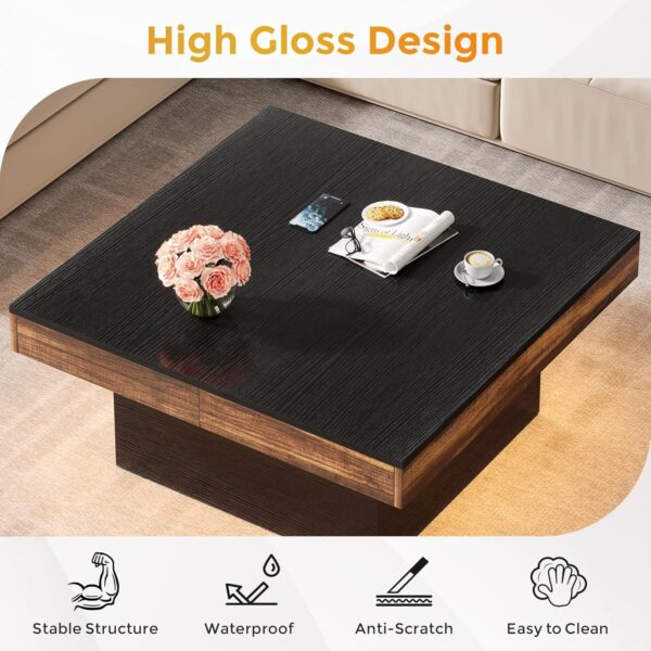 Coffee Table, Square LED Coffee Table, High Glossy Coffee Table with Storage, Farmhouse Coffee Table Low Coffee Table Engineered Wood Coffee Table for Living Room - Image 5