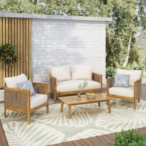 Merax Patio Furniture 4-Piece Outdoor Acacia Wood Wicker Conversation Set with Loveseat,2 Chairs and Coffetable for Backyard, Beige