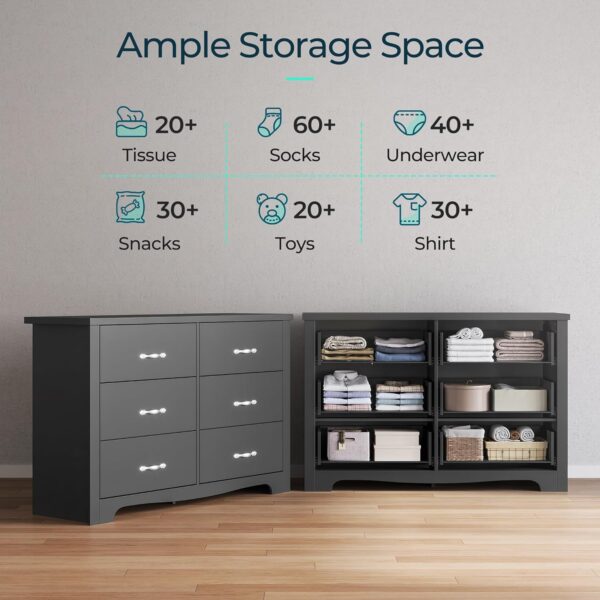 LINSY HOME 6 Drawers Dresser for Bedroom, Modern Wood Dresser Organizer, Closet Dresser Storage with Metal Handles, Large Bedroom Dresser, Black - Image 6