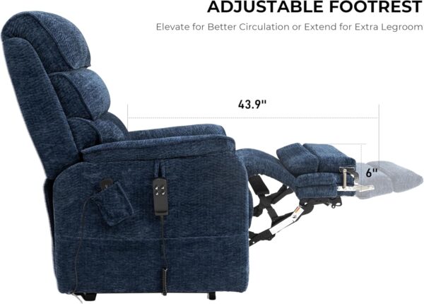 Irene House 9298L Big Tall Man Lay Flat Recliner Extra Large Oversized Power Lift Chair Dual Motor Heat Massage for Elderly, Extended Footrest(Chenille Blue) - Image 4