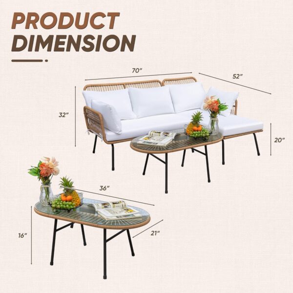 Devoko Outdoor Patio Furniture Set, Outdoor Sectional Conversation Rope Woven L-Shaped Sofa Set with Patio Table and Thick Cushions for Backyard Porch Balcony Garden, White - Image 3