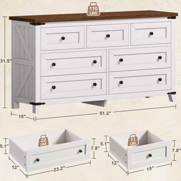 EnHomee Dresser for Bedroom Wood Dresser with 7 Drawers White Dresser with Smooth Metal Rail Long Dressers & Chests of Drawers Farmhouse Dresser for Bedroom Dresser TV Stand, Closet, Antique White - Image 2