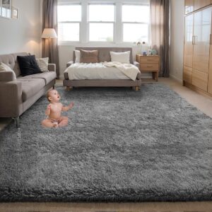 Area Rugs for Bedroom Living Room, 4X6 Ft Grey Fluffy Washable Rug, Modern Shaggy Carpets Fuzzy Rug for Kids Boys Girls Dorm Nursery Home Decor Aesthetic, Upgrade Anti-Skid Durable