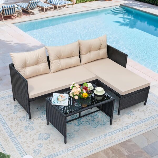 Greesum 3 Piece Patio Furniture Set Outdoor Wicker Rattan Sectional Sofa with Cushions & Coffee Table for Yard, Garden, Porch, Poolside, Beige - Image 2