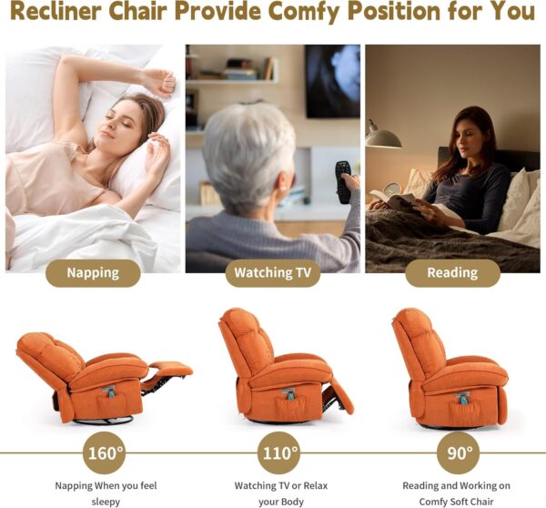 Massage Recliner Chair with Heat, Power Recliner with USB and Type-C Charging, Rocking Swivel Glider Recliner Chair for Living Room, Bedroom, Orange - Image 7