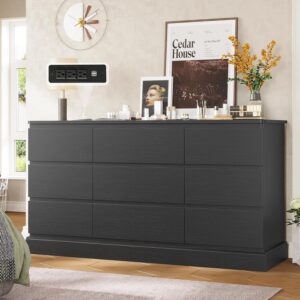 Hasuit Modern Black Bedroom Dresser with 9 Drawers, 61.4" Wide Dresser Chest of Drawers with Large Capacity Storage, Long Dresser TV Stand with Power Outlets, Sturdy Storage Cabinet for Living Room
