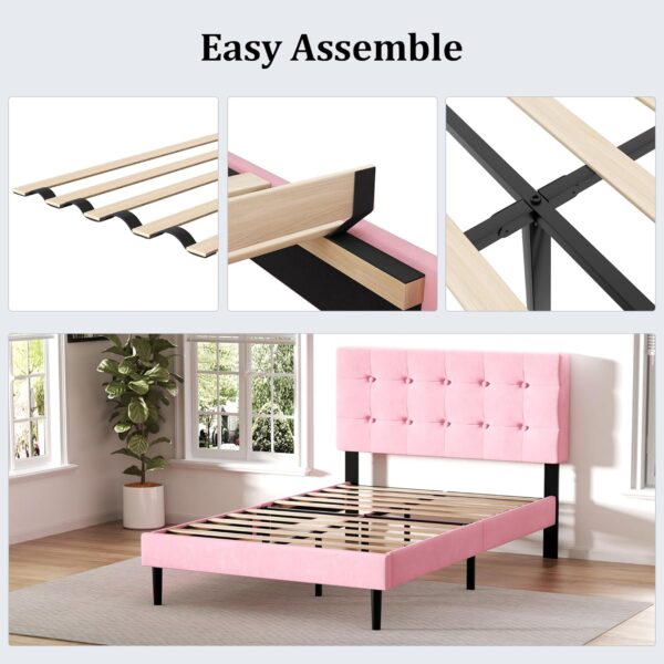 UNIZONE Full Size Bed Frame with Button Tufted Upholstered Headboard, Velvet Platform Bed with Wood Slats Support, Mattress Foundation, No Box Spring Needed, Easy Assembly, Pink - Image 6