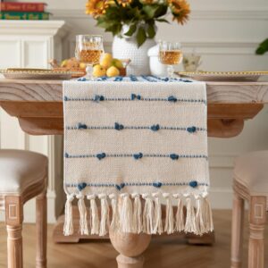 Caflife Boho Table Runner 108 Inchs Long for Modern Farmhouse Room Home Decor, Blue and Beige Coffee Table Runner, Natural Cotton Woven with Tassels Neutral, for Kitchen Dining Table Decor