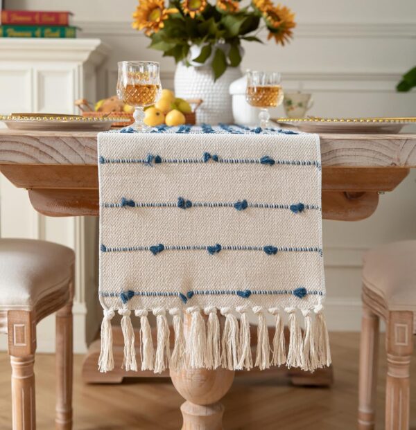 Caflife Boho Table Runner 108 Inchs Long for Modern Farmhouse Room Home Decor, Blue and Beige Coffee Table Runner, Natural Cotton Woven with Tassels Neutral, for Kitchen Dining Table Decor