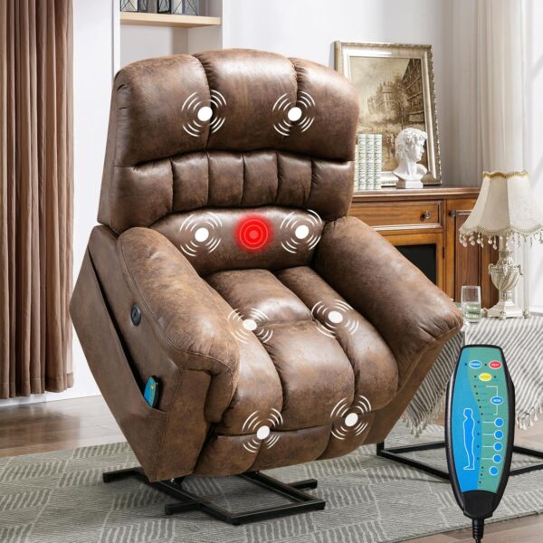Phoenix Home Large Power Lift Recliner with Massage and Heat for Elderly, Heavy Duty & Safety Motor Reclining Chair, Faux Leather Electric Wider Recliner with USB Ports, 2 Side Pockets, Brown - Image 2