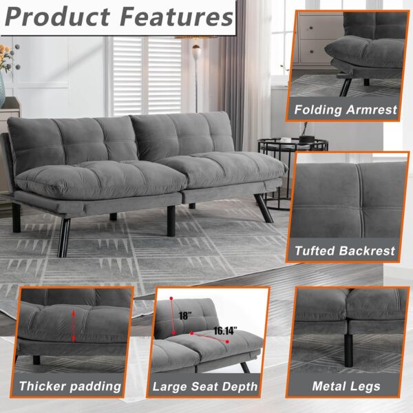 71" Velvet Futon Couch Bed with Mattress Included,Convertible Folding Sleeper Sofa Bed with Adjustable Backrests,Modern Loveseat Sleeper for Living Room Bedroom Small Space Home Office (Grey) - Image 4