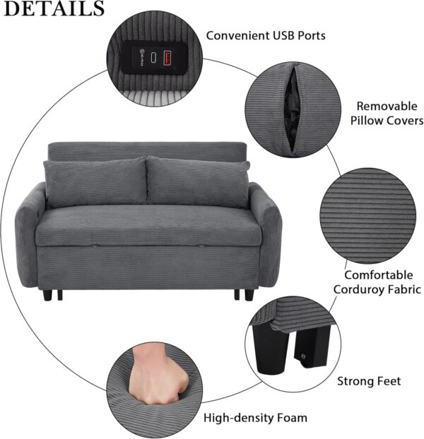 Merax 57.48" Pull-Out Sofa Bed Convertible Couch,2 Seat Loveseat Sofa with 3 Levels Adjustable Backrest,USB Ports and Two Throw Pillows,Modern Corduroy Sleeper Sofa for Living Room(Beige) - Image 6