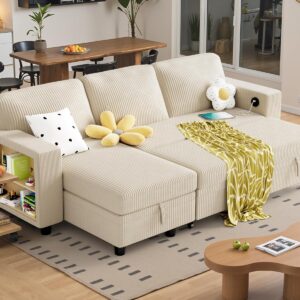 YESHOMY L-Shaped Sofa Bed Convertible Sectional Couch for Living Room with Pull Out Sleeper, Storage Chaise & 2 Built-in Bookcases, Beige