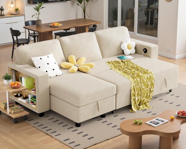 YESHOMY L-Shaped Sofa Bed Convertible Sectional Couch for Living Room with Pull Out Sleeper, Storage Chaise & 2 Built-in Bookcases, Beige