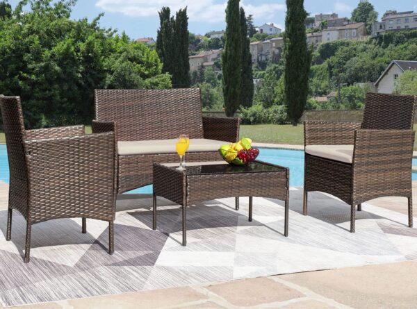 Greesum Patio Furniture 4 Pieces Conversation Sets Outdoor Wicker Rattan Chairs Garden Backyard Balcony Porch Poolside loveseat with Soft Cushion and Glass Table, Brown and Beige - Image 2