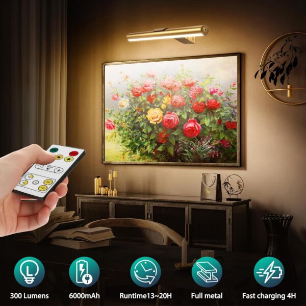 Picture Light for Art with Remote Control, Wireless Painting Light 6000mAh Battery Rechargeable,Wall Picture Light with 3 Lighting,Full Metal Led Painting Light for Gallery 400Lumen Super Bright - Image 5
