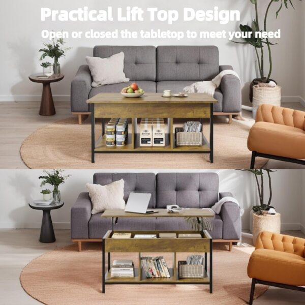 Gizoon Lift Top Coffee Table for Living Room, Small Farmhouse Rising Wooden Dining Center Tables with Storage Shelf and Hidden Compartment for Apartment Office Basement, Rustic Brown - Image 7