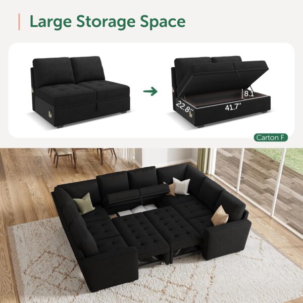 HONBAY Modular Sectional Sleeper Sofa with Pull Out Bed, Velvet Convertible U Shaped Sectional Couch with Storage Seat, Sectional Couches for Living Room, Balck - Image 3