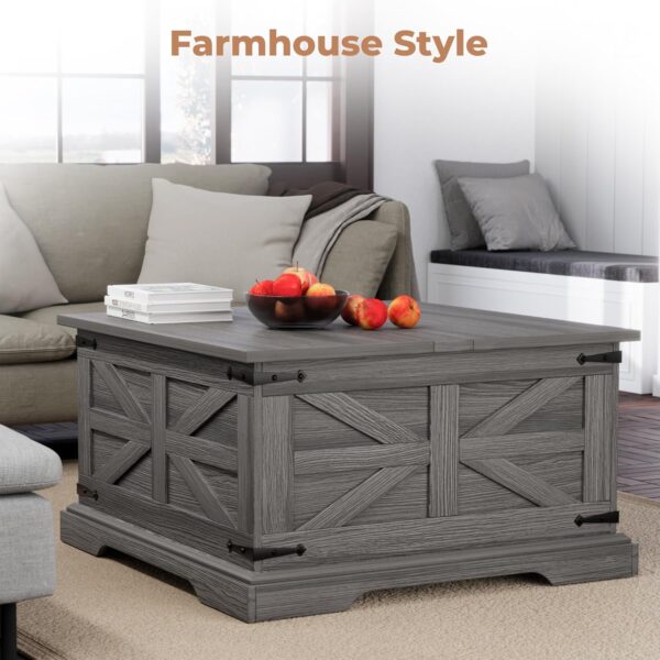 Farmhouse Coffee Table with Storage, Square Center Table for Living Room, Rustic, Hinged Lift Top Soft Close, Wood, Large Hidden Storage, Modern, Metal Corner, Grey - Image 7