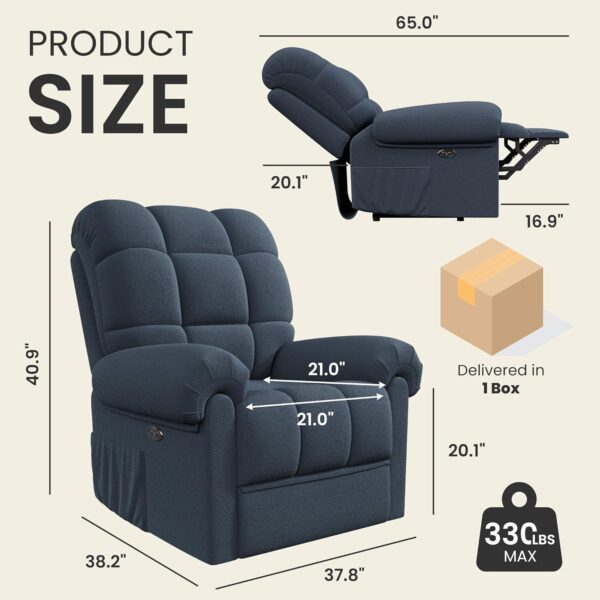 2024 New Power Recliner Chair for Adults, Adjustable Electric Chair Power Reclining Sofa, USB Port, Ultra-Comfy Teddy Fleece Recliner for Living Room, Tool-Less Assembly Single Sofa, Blue Gray - Image 2