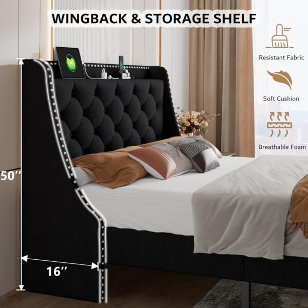 iPormis Queen Bed Frame with 16" Deluxe Wingback & Charging Station,Upholstered Platform Bed with Button Tufted Storage Headboard, Solid Wood Slats Support, No Box Spring Needed, Black - Image 4