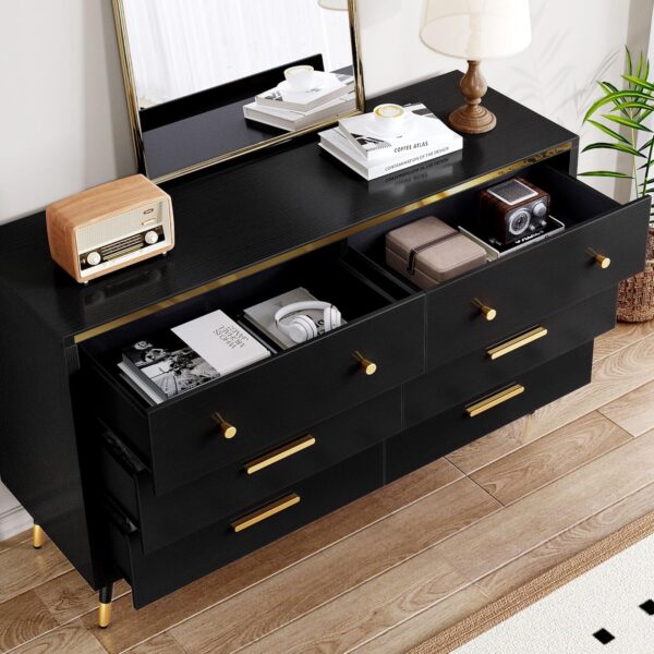 DWVO Black 6 Drawer Dresser, 47" W Large Double Dresser Chest of Drawers, Modern Wood Storage Dresser Organizer with Golden Metal Handles & Anti-Tipping Device for Hallway, Entryway, Dresser Room - Image 5