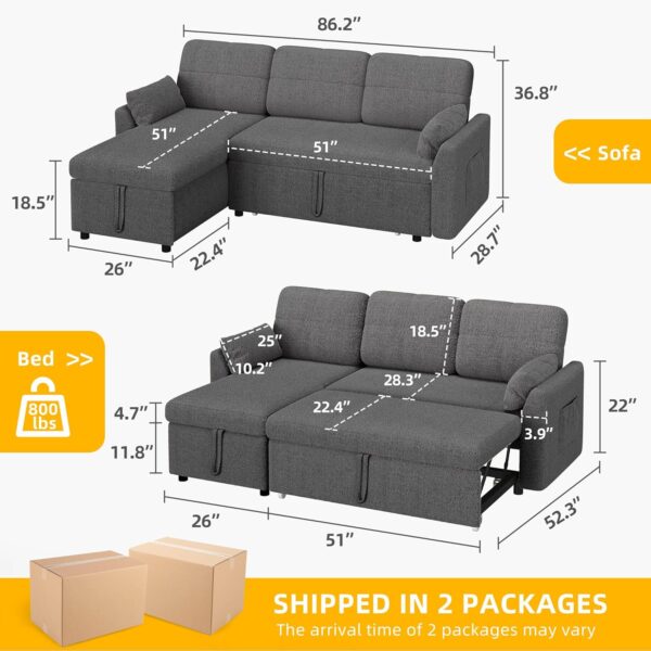 YITAHOME 86" Sleeper Sofa, 2 in 1 Convertible Sofa Bed with Pull Out Couch Bed and Storage Chaise, L-Shape Sectional Sofa for Living Room, Teddy Fleece, Grey - Image 2