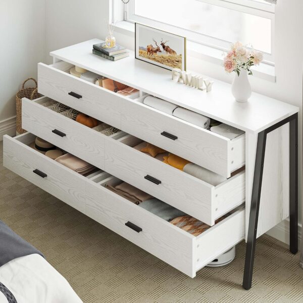 LIKIMIO 59" 6 Drawer Dresser for Bedroom, Wood Dressers & Chests of Drawers with Metal Frame, Large Storage Cabinet, Closet, Hallway, White Dresser - Image 2
