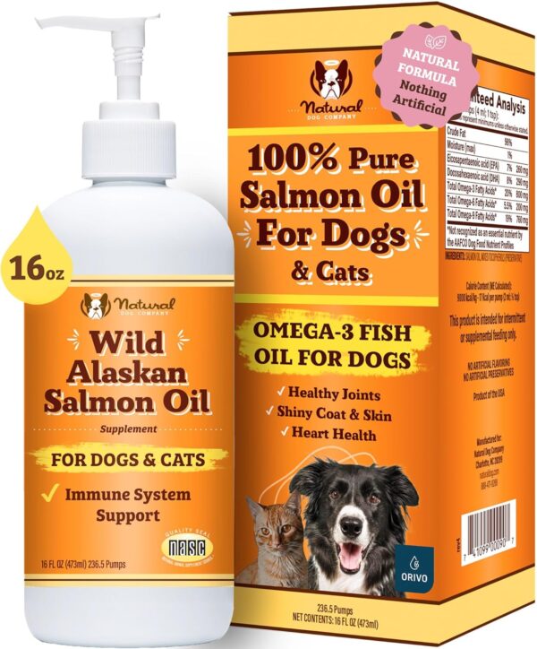 Natural Dog Company Pure Wild Alaskan Salmon Oil for Dogs (16oz) Skin & Coat Supplement for Dogs, Dog Oil for Food with Essential Fatty Acids, Fish Oil Pump for Dogs, Omega 3 Fish Oil for Dogs