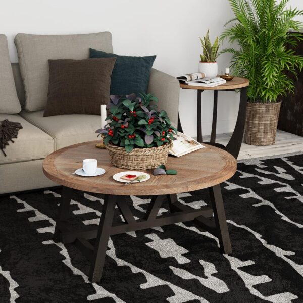 Rustic Farmhouse Coffee Table with Geometric Base, French Country Accent Table for Family, Dinning or Living Room, Modern, Round - Image 6