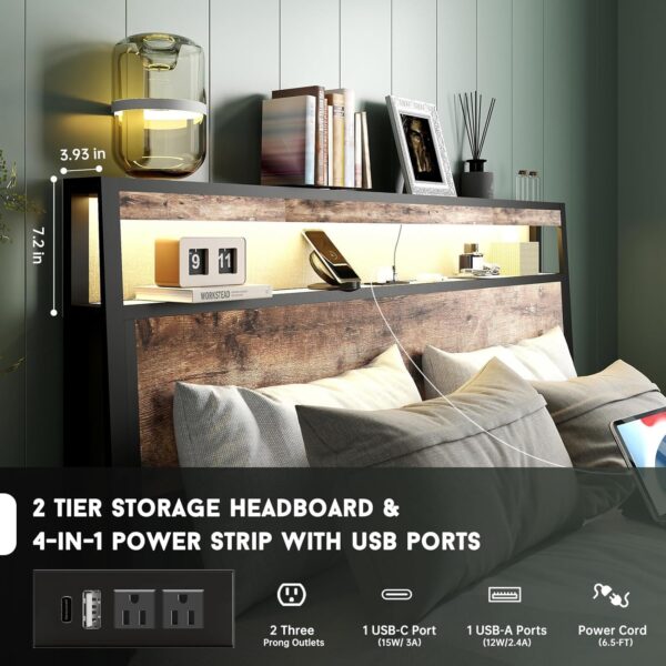 Queen Size Bed Frame with 4 Storage Drawers and Headboard with Charging Station and LED Lights,2 Tier Solid Wood Headboard Storage,Noise Free, No Box Spring Needed,Remote Control/Vintage Brown - Image 3
