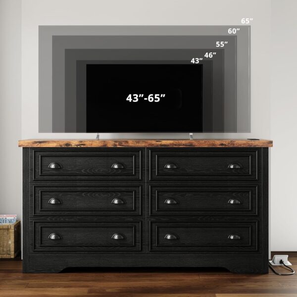 LIKIMIO 59" 6 Drawers Dresser for Bedroom, Power Strip, Farmhouse Large Wood Dressers & Chest of Drawers with Wide Storage Cabinet, Black - Image 4