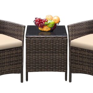 Greesum 3 Pieces Patio Furniture Sets Outdoor PE Rattan Wicker Chairs with Soft Cushion and Glass Coffee Table for Garden Backyard Porch Poolside, Brown and Beige