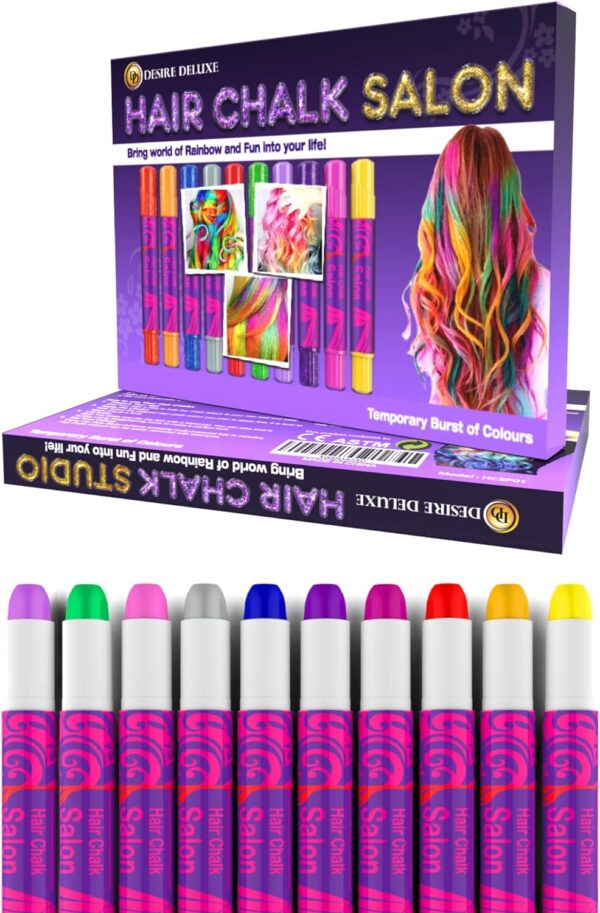 Desire Deluxe Hair Chalk for Girls Makeup Kit of 10 Temporary Colour Pens Gifts, Great Toy for Kids Age 5 6 7 8 9 10 11 12 13 Years Old, "Blue,Green,Grey,Pink,Purple - Image 2