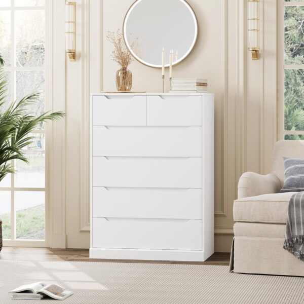 HOSTACK Modern 6 Drawer Dresser for Bedroom, Tall Chest of Drawers with Storage, Large Wood Storage Chest Organizer with Cut-Out Handle, Accent Storage Cabinet for Living Room, Entryway, Classic White - Image 2