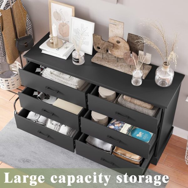 Hasuit 6 Drawer Double Dresser, Wood Storage Tower Clothes Organizer, Wide Chest of 6 Drawers, Large Storage Cabinet, Black Dresser for Bedroom, Hallway, Entryway - Image 3