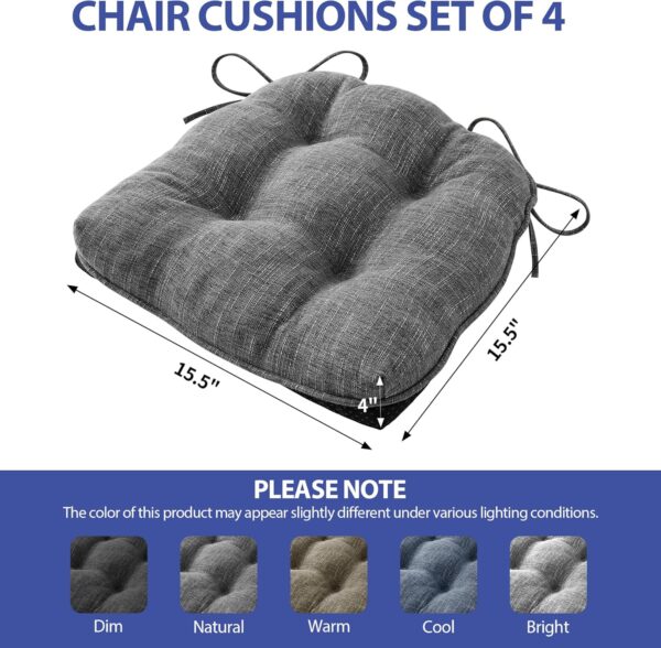 Chair Cushions for Dining Chairs Set of 4, Indoor Kitchen Chair Cushions with Ties and Non Slip Backing, Tufted Shredded Memory Foam Kitchen Chair Pads, 15.5" x 15.5" x 4", Dark Grey - Image 2