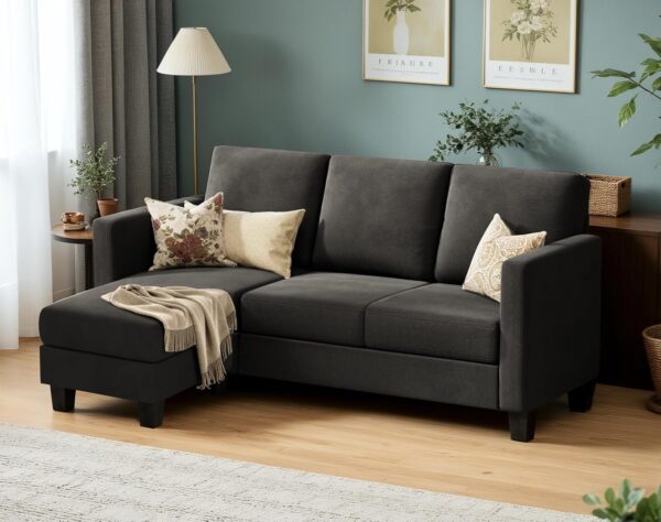 VICTONE Sectional Sofa Couch 3 seat L-Shaped Sectional Sofa with Linen Fabric Ottoman Small Couch for Small Apartments, Living Rooms and Offices (Declare, Deep Grey) - Image 4