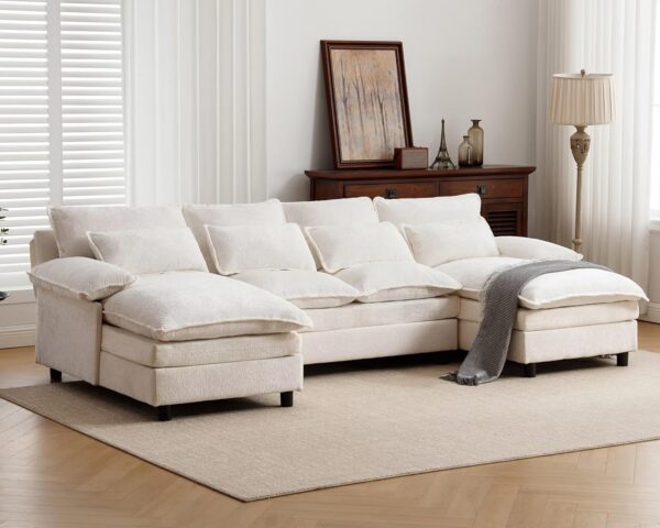 U Shape Cloud Couch, 4 Seats Comfy Sectional Sofa Couches for Living Room, Modular Chenille Sofas with Double Reversible Chaise for Spacious Space Apartment, Grey - Image 5