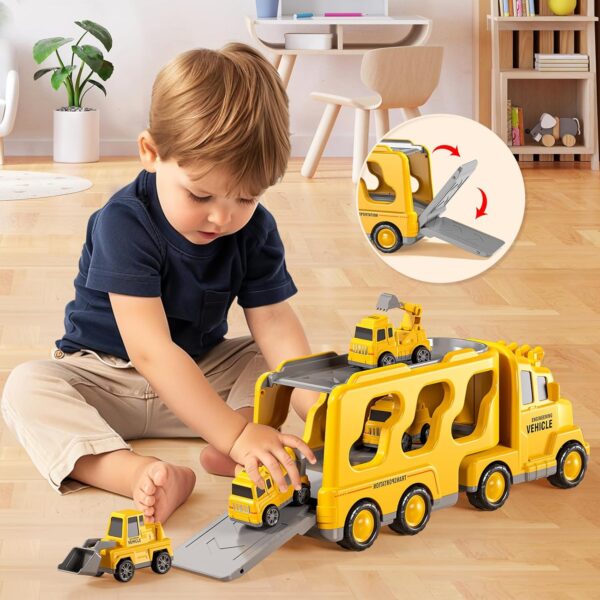 TEMI Construction Truck Boy Toys for 3-5 Year Old Toddlers - Toys for 3 4 5 6 7 Years Old Engineering Transport Vehicle Carrier Truck, Kids Excavator Crane Gift Toys for Boys & Girls Aged 4-6 - Image 4